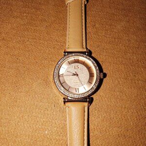 Womens LS Quartz Watch With Faux Leather Strap & Rhinestone Accents - Beige